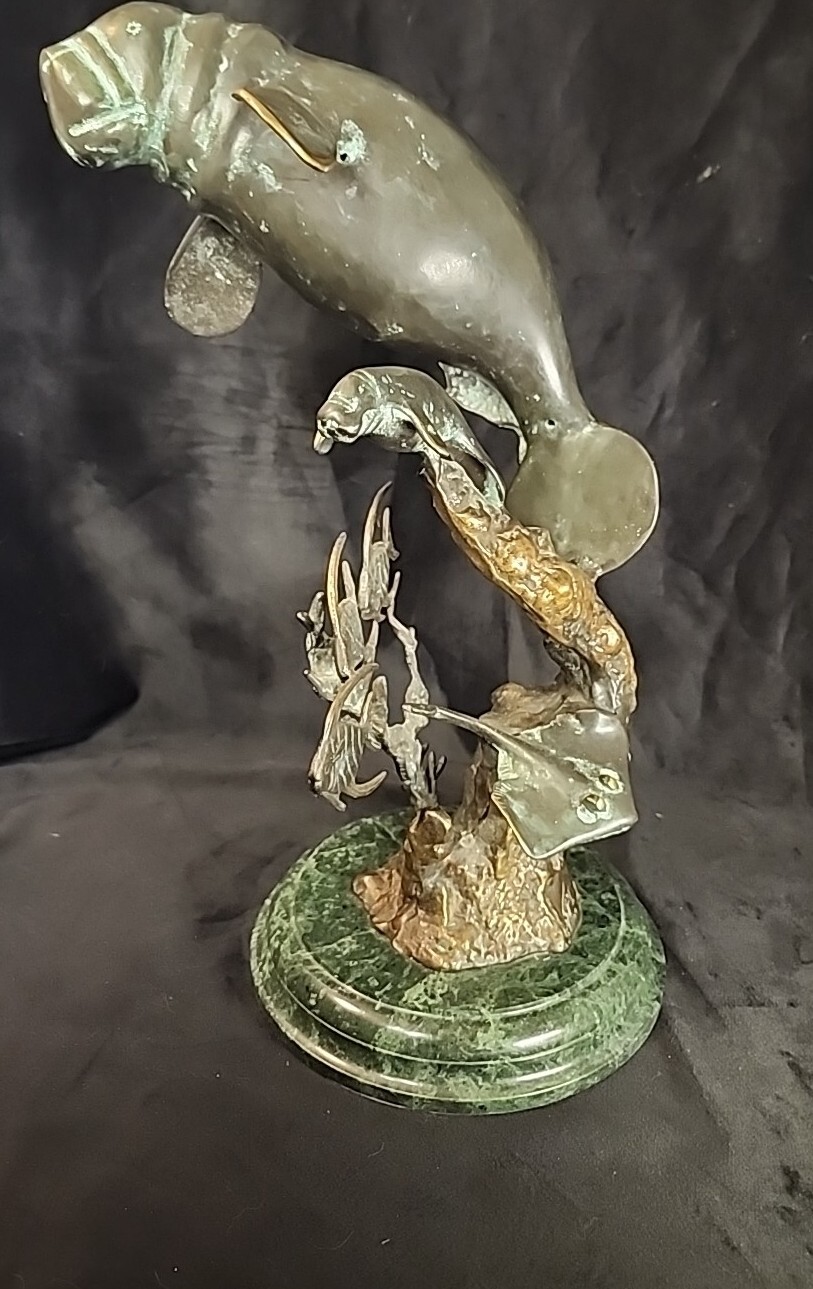 Antique Bronze Manatee Mommy and Baby with Friends 16\