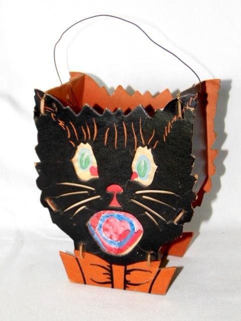 Vintage Dual-Sided HALLOWEEN Cardboard BLACK CAT Lantern, DOLLY TOY CO.