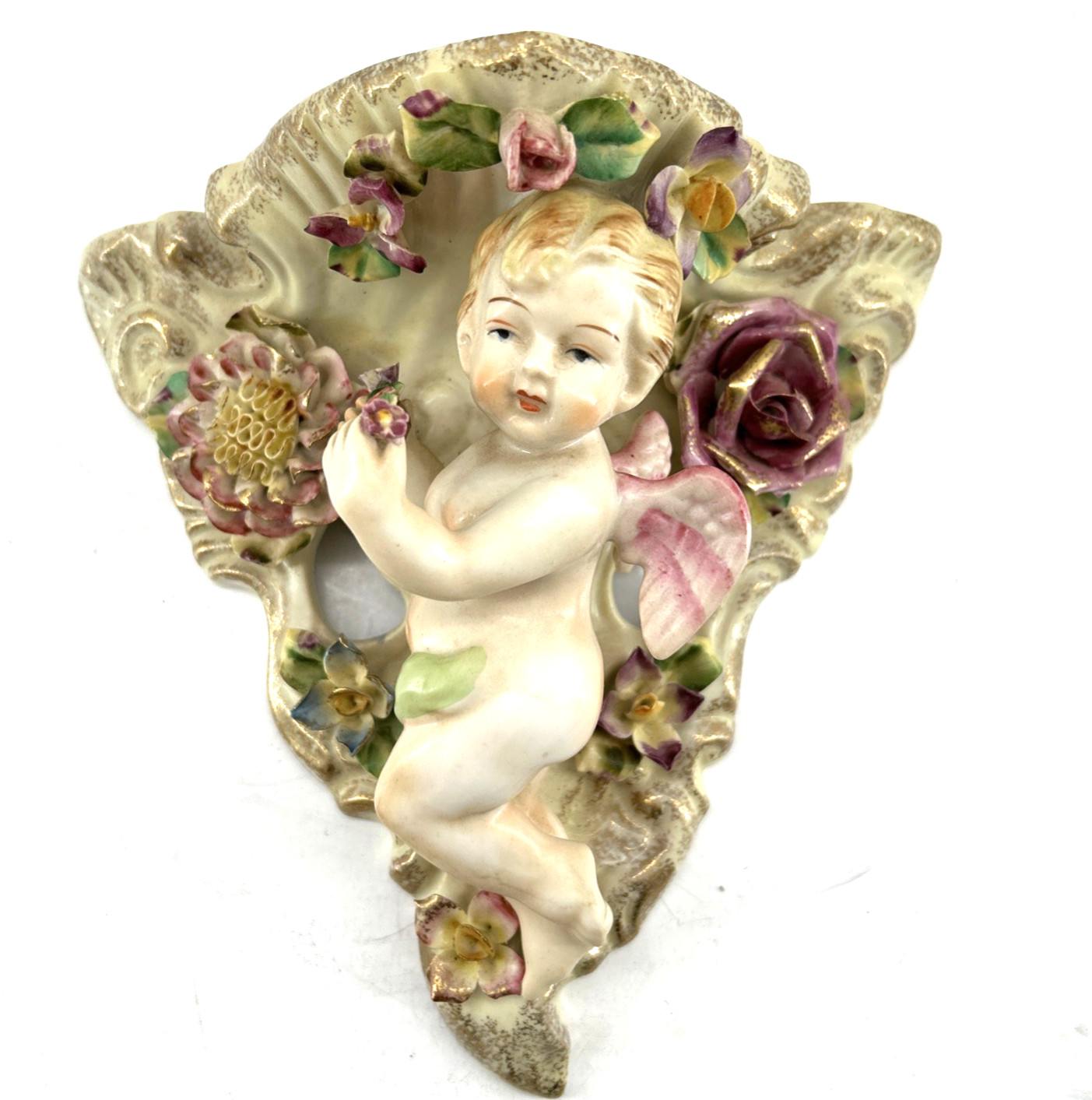 Vintage Lenwile Ardalt Cherub Porcelain Wall Sconce Shelf