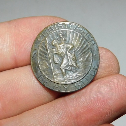NEAT VINTAGE ST CHRISTOPHER CURVED MEDALLION POSSIBLY OFF OF A CANE