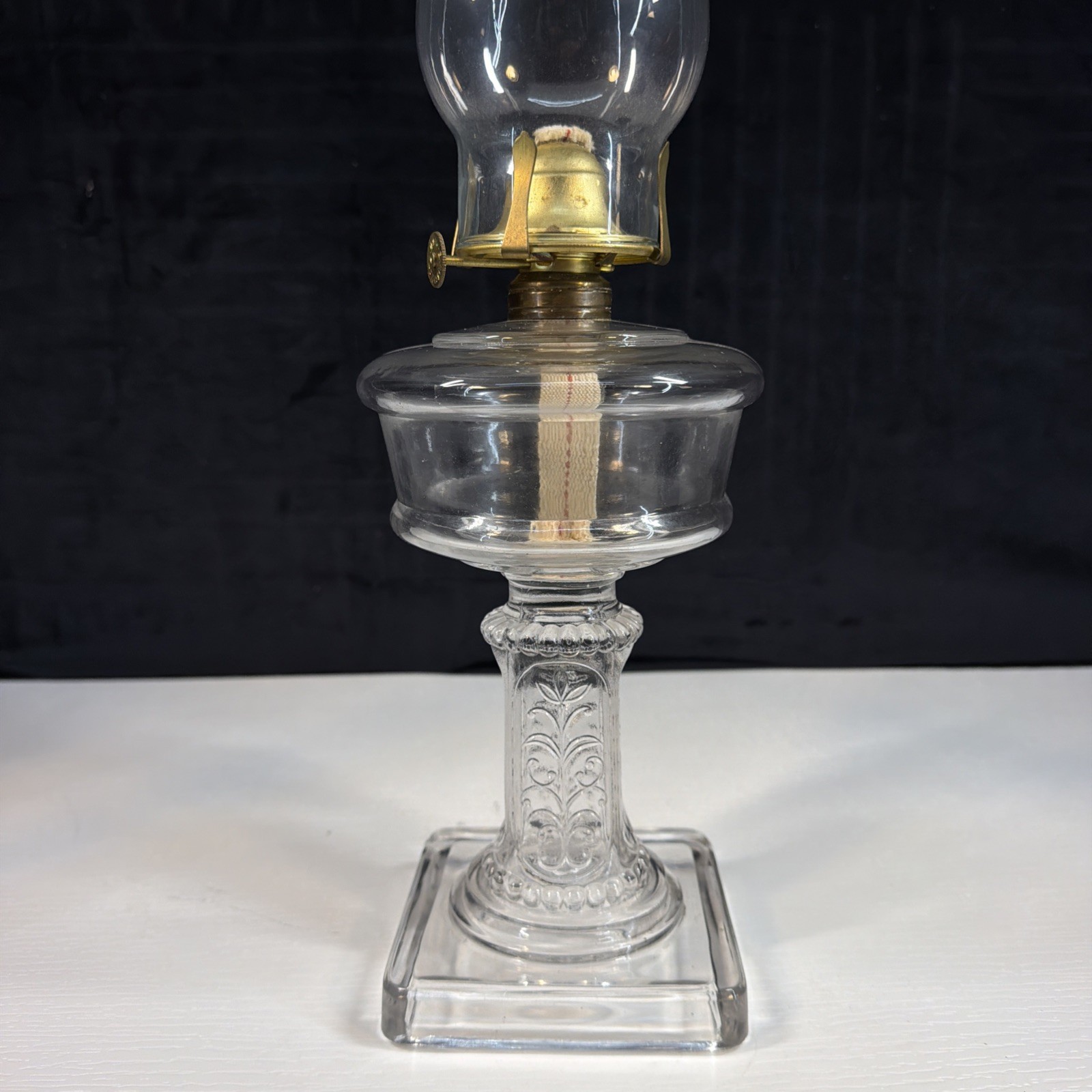 Antique EAPG Victorian Oil Lamp Square Floral Scroll Beaded Column Burner Shade Antique EAPG Victorian Oil Lamp Square Floral Scroll Beaded Column Burner Shade