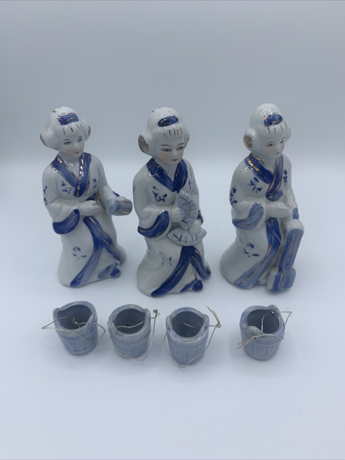 Three VTG 6” porcelain blue and white Geisha Figurines Three VTG 6” porcelain blue and white Geisha Figurines