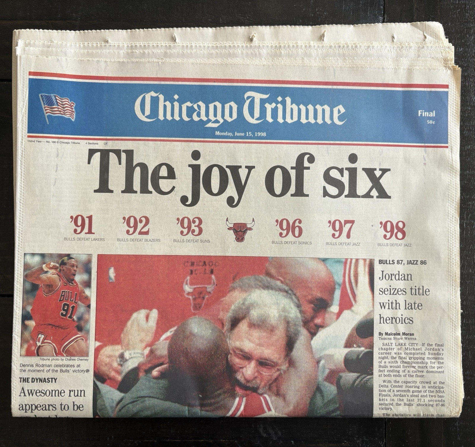 Chicago Tribune June 15 1998 Michael Jordan Bulls “The Joy of Six” newspaper Chicago Tribune June 15 1998 Michael Jordan Bulls “The Joy of Six” newspaper