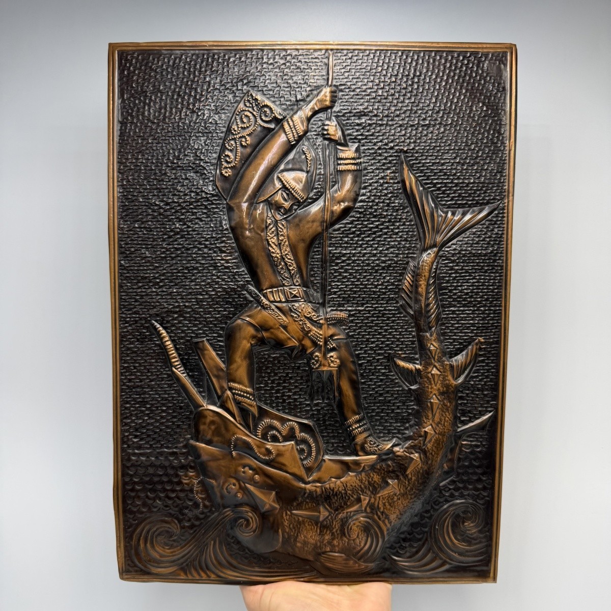 Vintage Copper Repousse Wall Plaque Fisherman 1973 USSR Metal Bas Relief Decor