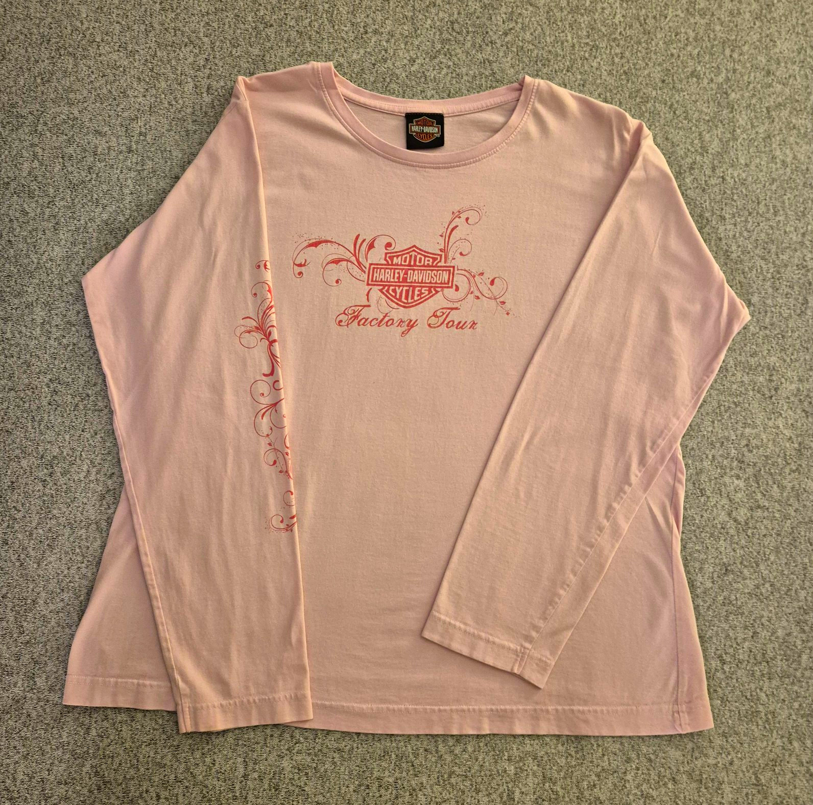 Vtg Harley Davidson Women L/S Shirt Pink Filigree Kansas City Plant Tour Size XL