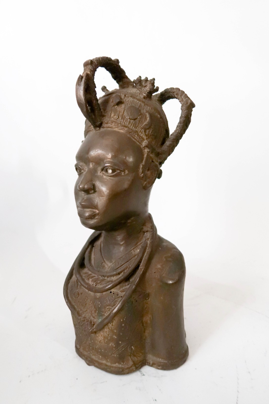 Vintage BENIN Bronze Head Bust Queen Mother Iyoba African Art Nigeria