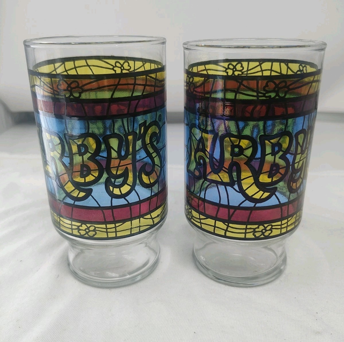 Arby\'s Restaurant Stained Glass Drinking Tumblers Glasses Vintage 1970s Set of 2