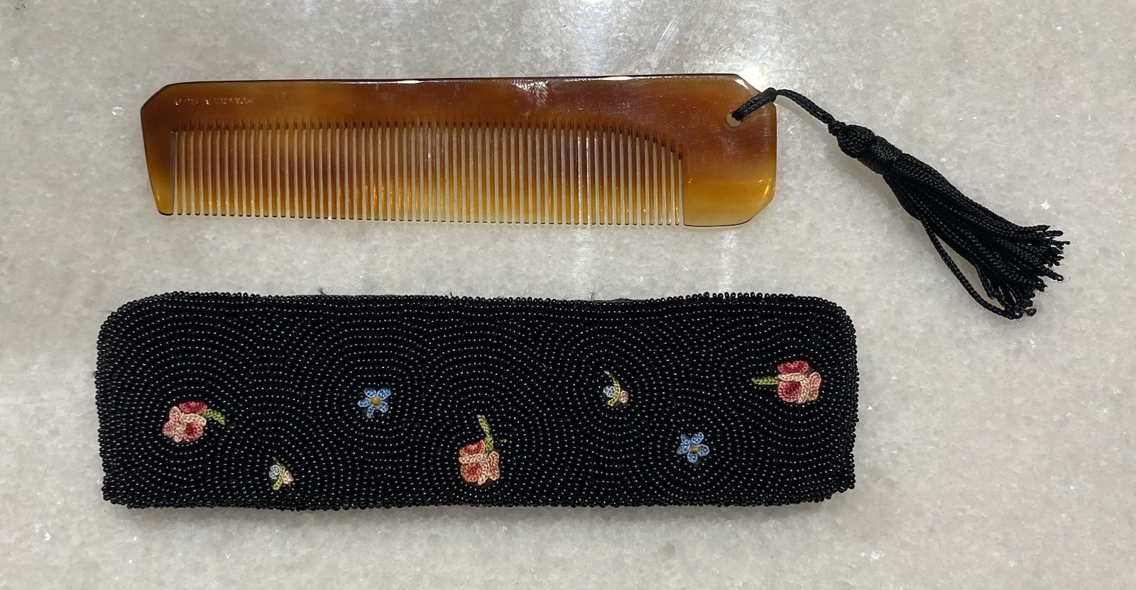 Vintage French Hand Beaded Floral  Comb & Case Made France