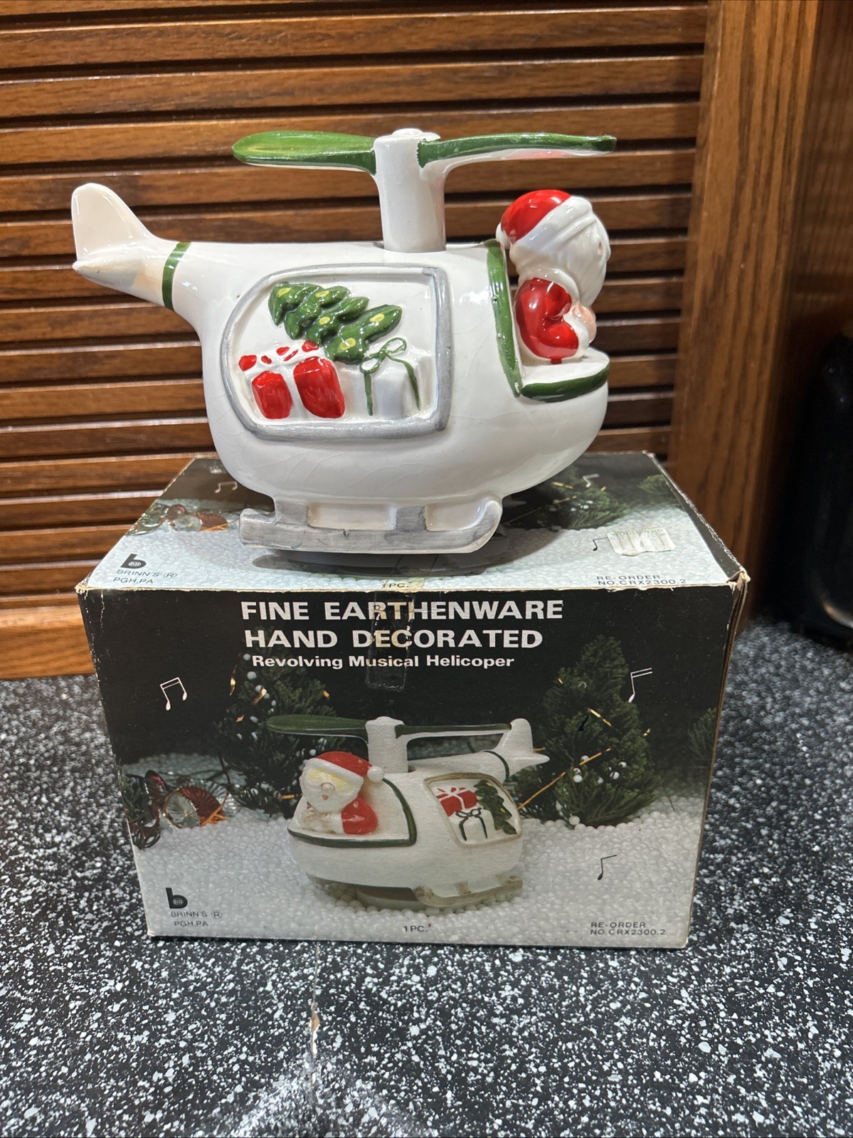 Vintage Brinnco Christmas Santa Helicopter Revolving Musical Earthenware In Box