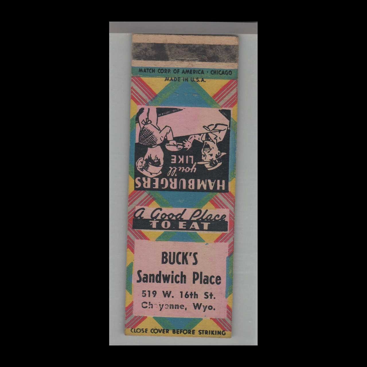 Matchbook Cover - Wyoming Restaurant - Buck\'s Sandwich Place Cheyenne, WY