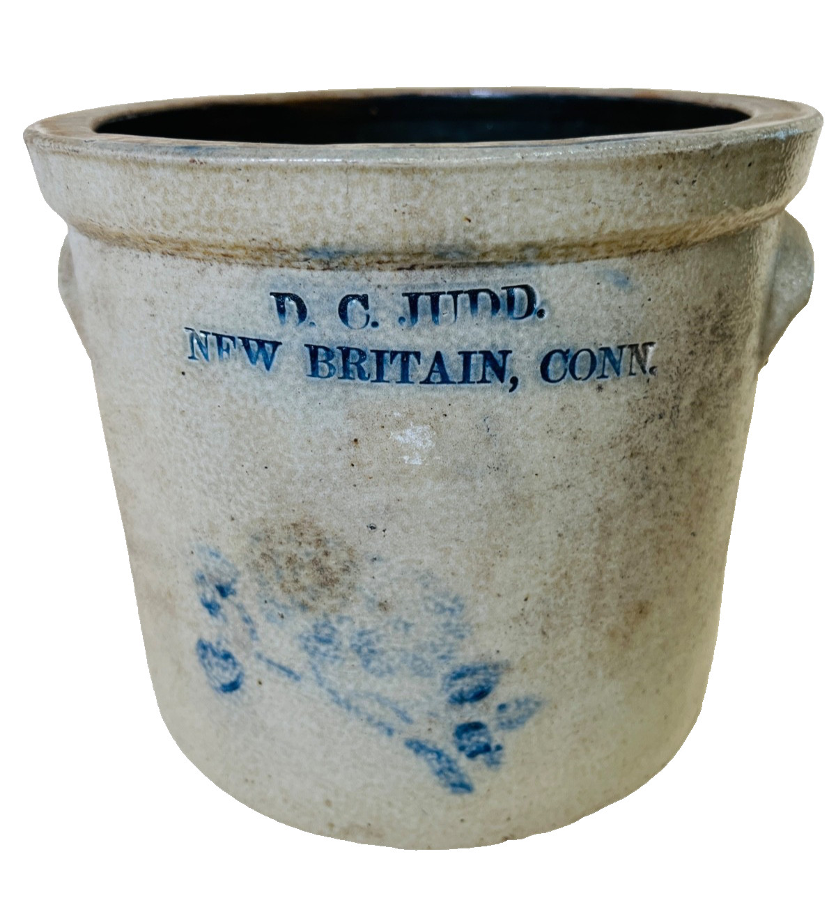 Antique D.C. Judd New Britain CT Merchant Advertising Crock W/ Blue Floral Spray
