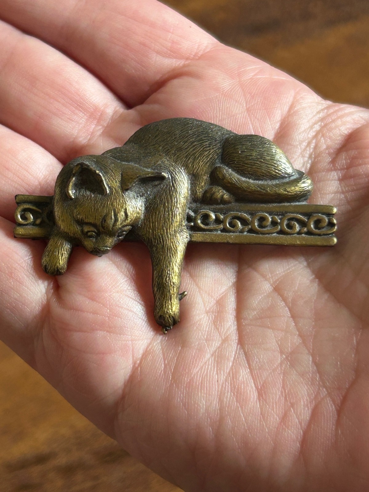 Vintage Bronze Cat Brooch Pin -signed JJ
