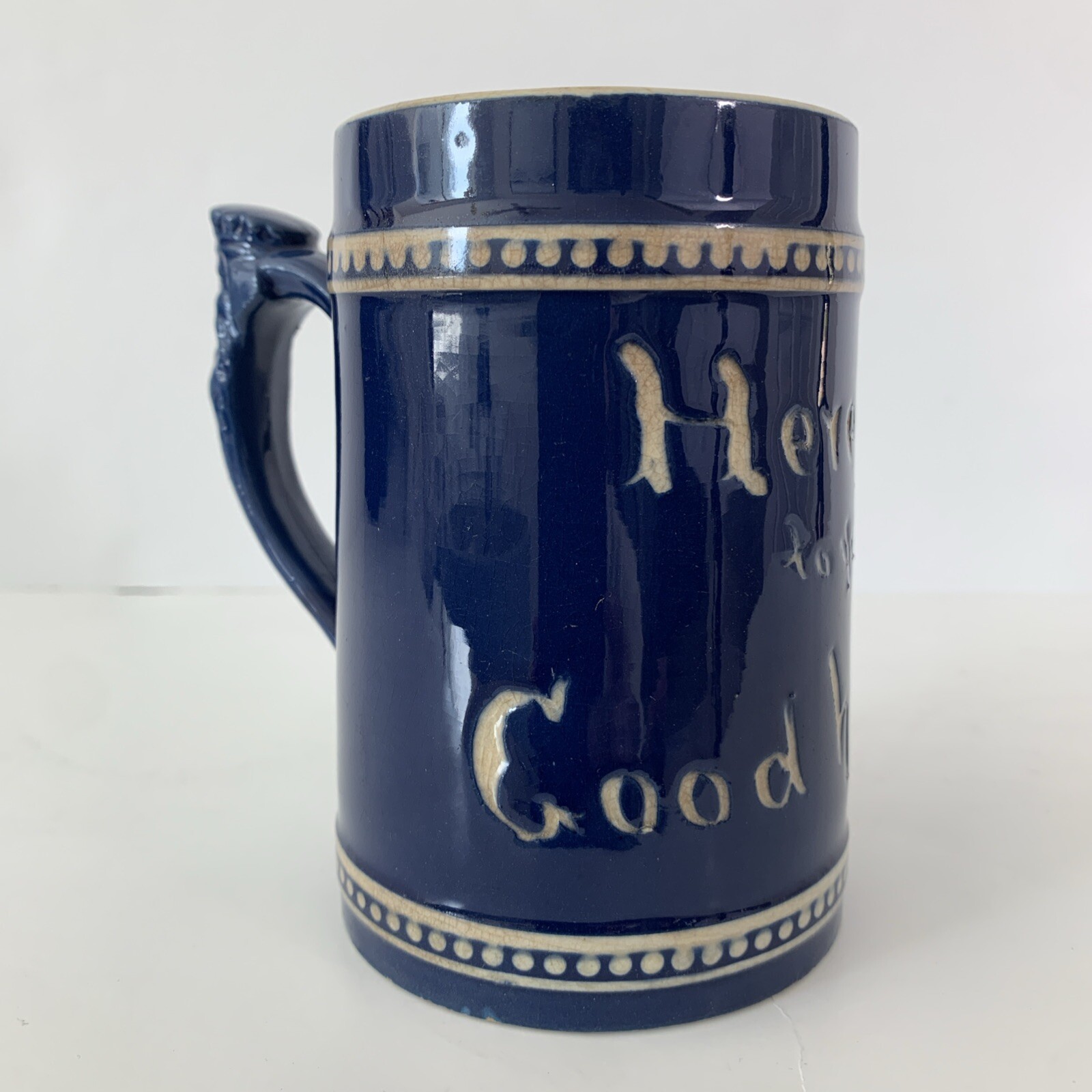 Antique Cobalt Stoneware Tavern Mug Bearded King Figural Handle Motto Ware 1890s Antique Cobalt Stoneware Tavern Mug Bearded King Figural Handle Motto Ware 1890s