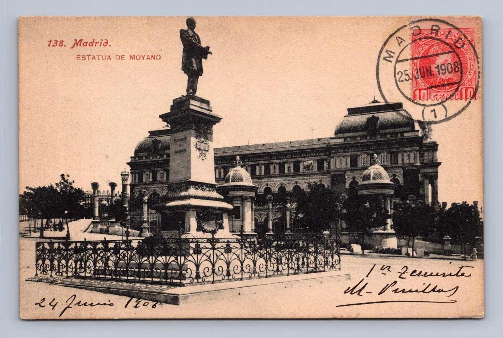 Antique Spain Postcard MADRID Estatua de Moyano 1908 to Chicago IL