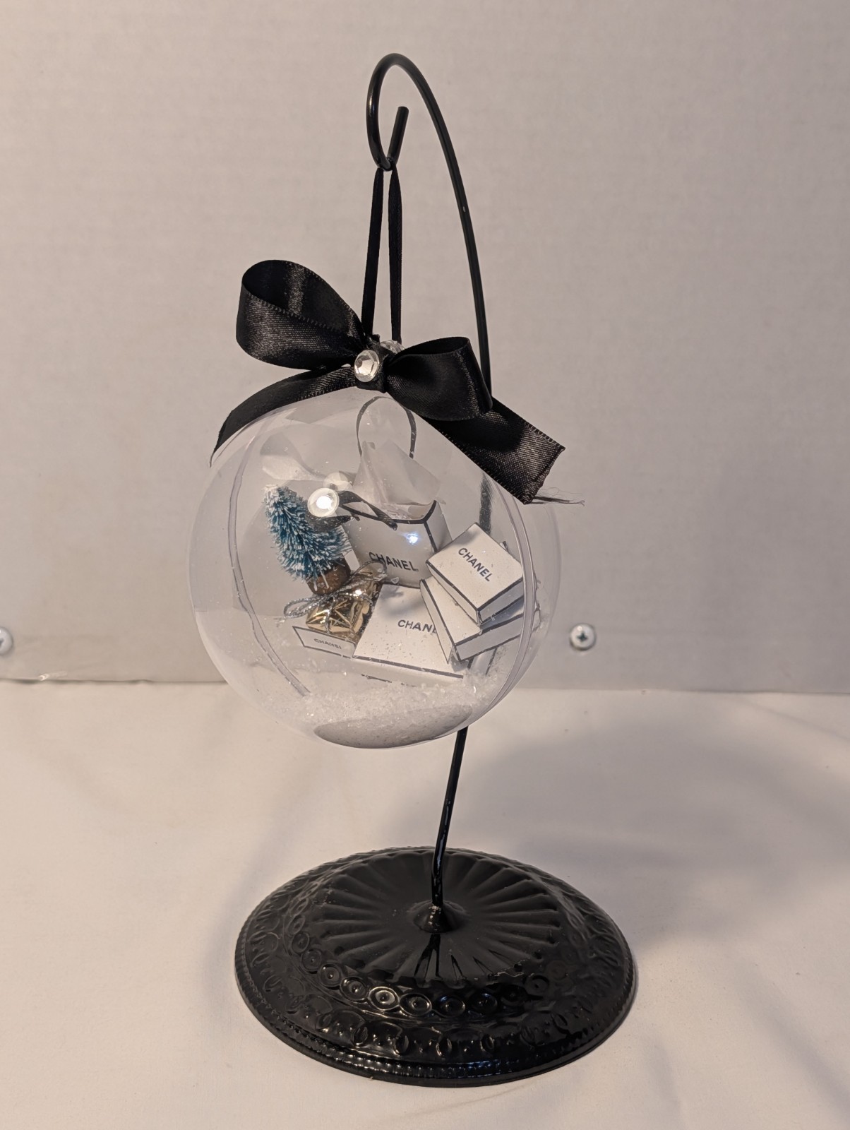 Chanel Clear Hanging Christmas Ornament. Snow, Gifts, Tree, & Display Stand.