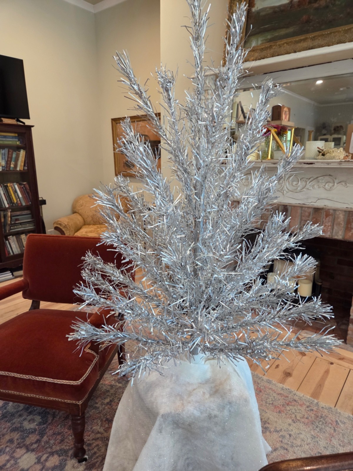 Beautiful Vintage 4 FT. MCM Aluminum Christmas Tree With Faux Snow Covering