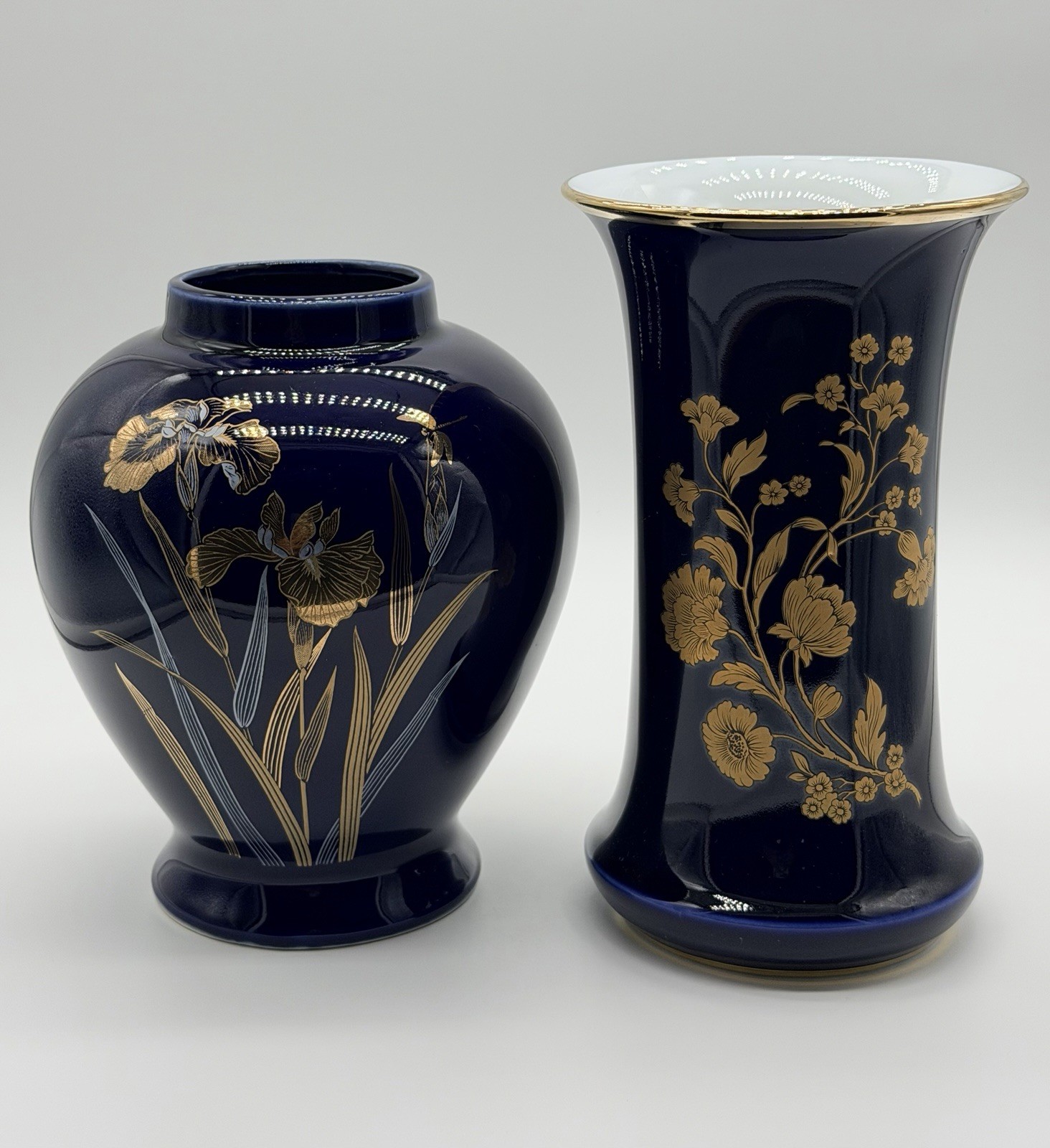 VTG Royal Porzellan Bavaria KPM Echt Cobalt Blue Gold Floral Vase Set Germany