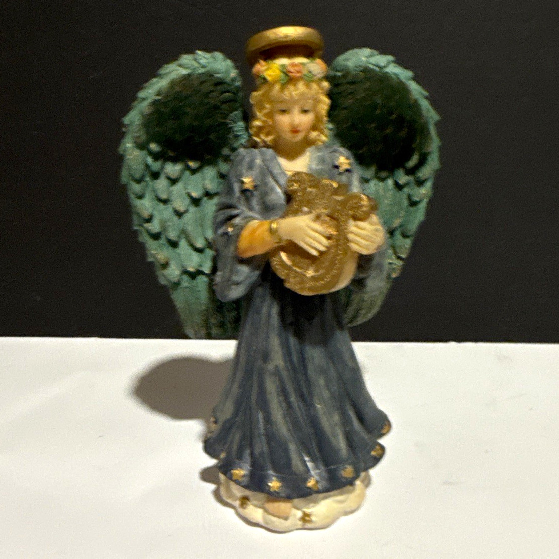 Hand-Painted Resin Angel Figurine Blue Robe Green Wings Harp, 