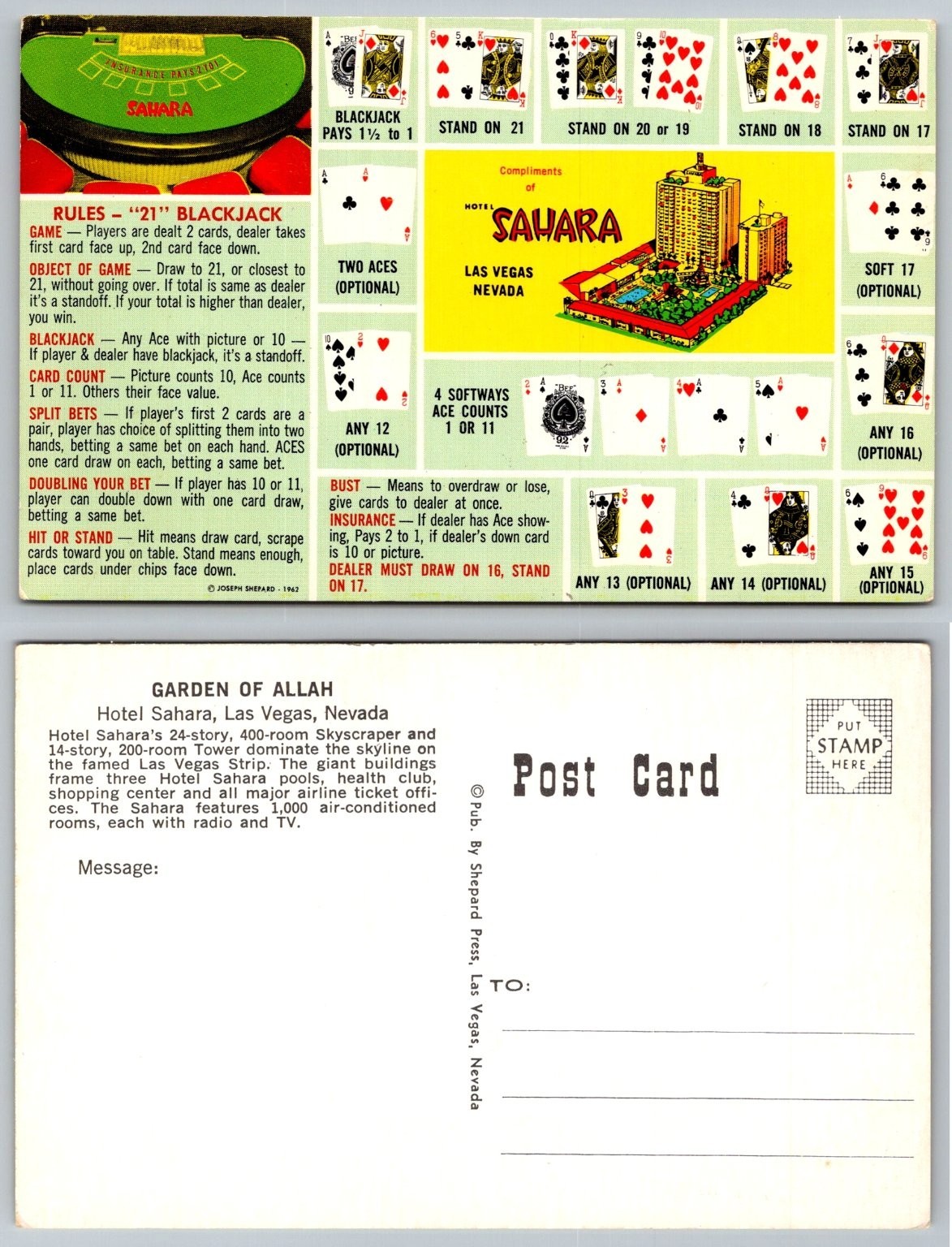 1962 Sahara Hotel Las Vegas Blackjack Rules Postcard Joseph Shepard Casino 1962 Sahara Hotel Las Vegas Blackjack Rules Postcard Joseph Shepard Casino