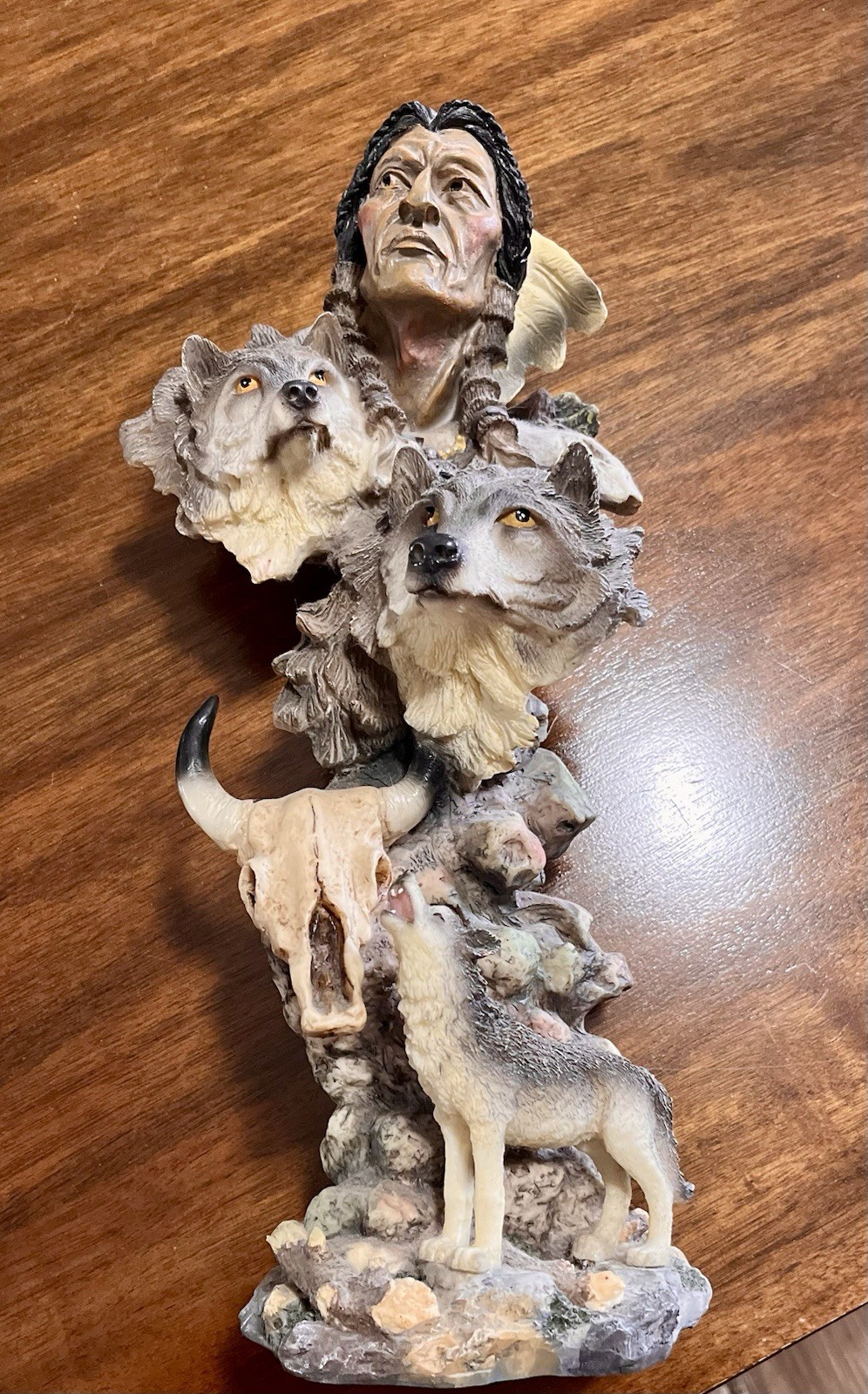 Native American Indian Chief & Gray Wolves Totem Figurine Native American Indian Chief & Gray Wolves Totem Figurine