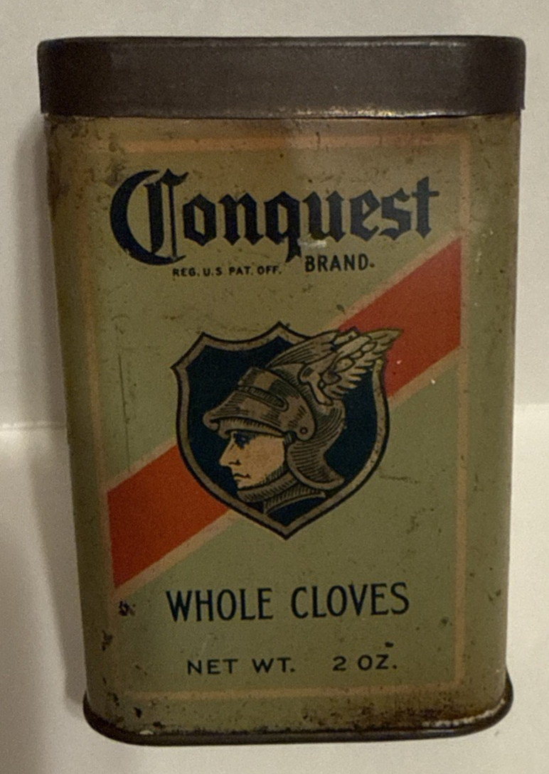 Vintage Whole Cloves Spice Tin CONQUEST Winged MERCURY Charleston, W. Va. Vintage Whole Cloves Spice Tin CONQUEST Winged MERCURY Charleston, W. Va.