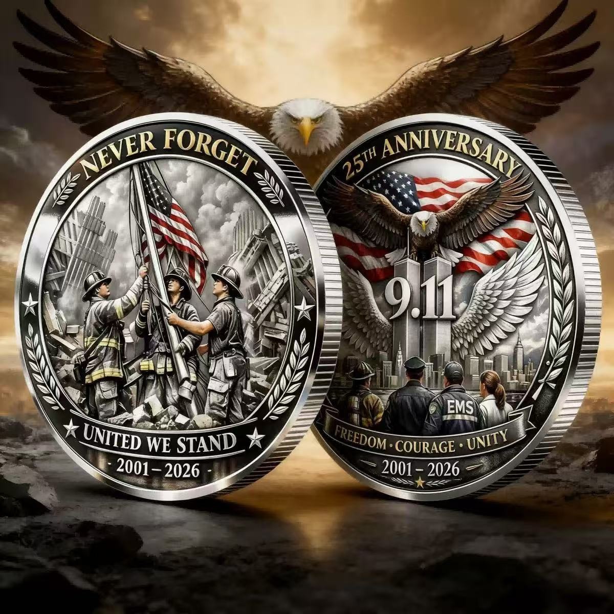 9/11 Memorial Challenge Coin 25th Anniversary Never Forget Firefighter EMS Gift