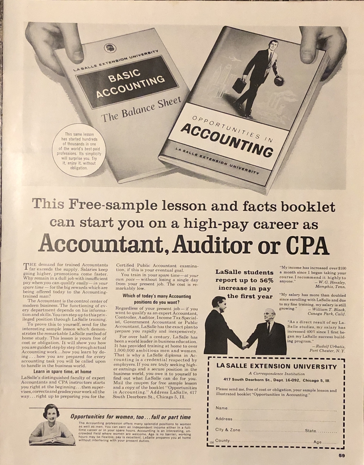 1963 La Salle Extension Univ PRINT AD Career As Accountant Auditor CPA VTG 1960s