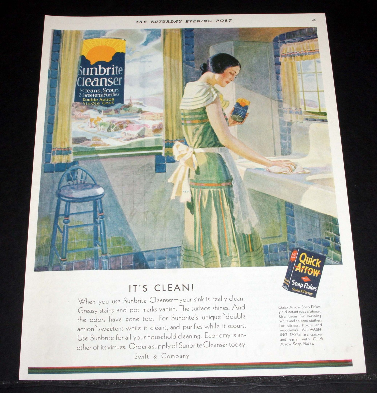 1931 OLD MAGAZINE PRINT AD, SUNBRIGHT CLEANSER & QUICK ARROW SOAP FLAKES, CLEAN