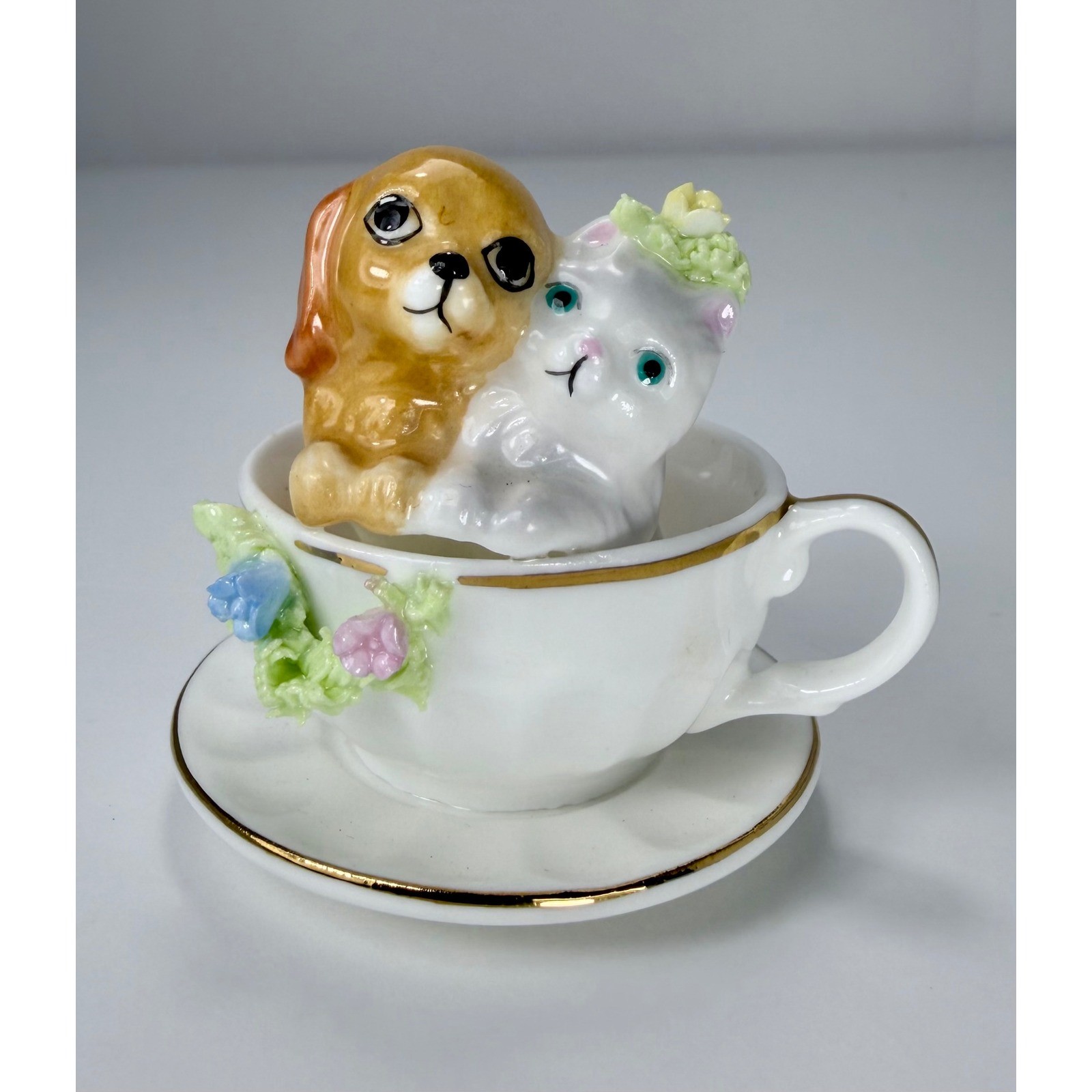 Vintage Napcoware Bone China Miniature Puppy and Kitten in Teacup Figurine