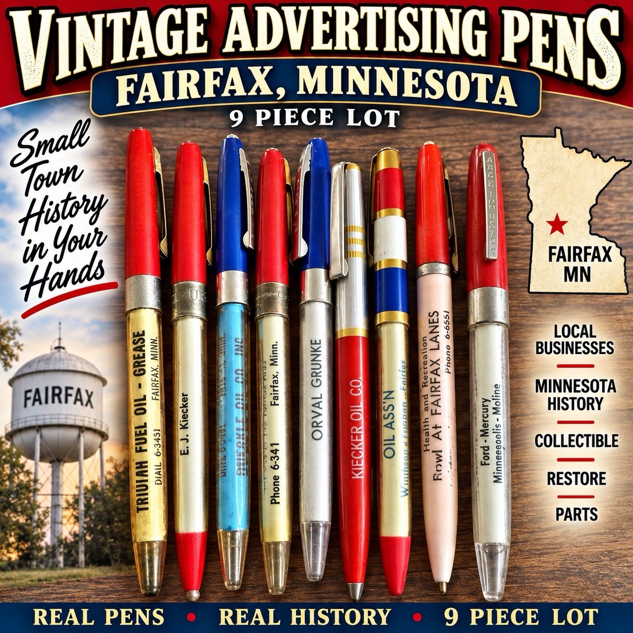 VTG Lot 9 Fairfax MN Advertising Pens Kiecker Oil Grunke Fuel Oil Repair Parts