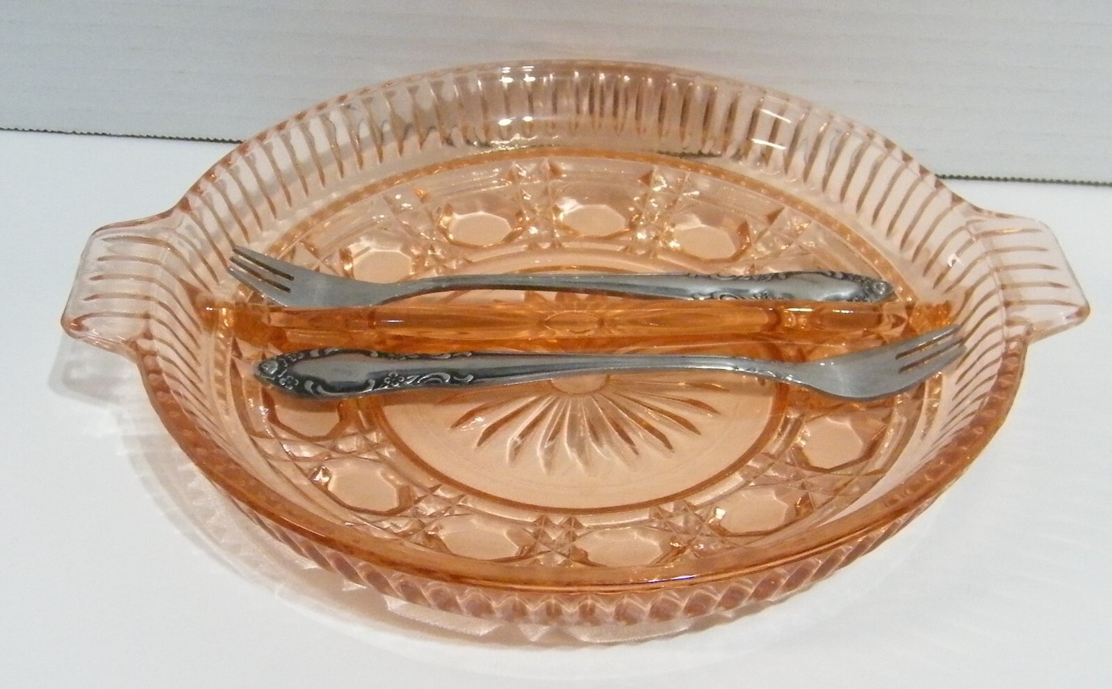 Divided Relish Dish Bowl Pink Depression Glass with 2 forks 8 1/2 Divided Relish Dish Bowl Pink Depression Glass with 2 forks 8 1/2