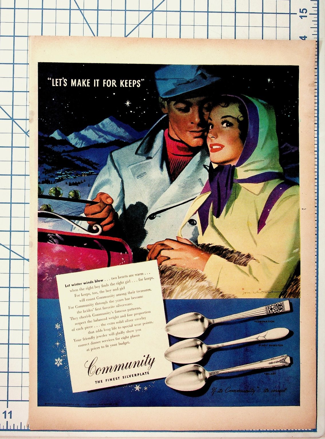 1947 Community Silverplate Ad Jon Whitcomb Art Winter Romance Couple Vintage 1947 Community Silverplate Ad Jon Whitcomb Art Winter Romance Couple Vintage