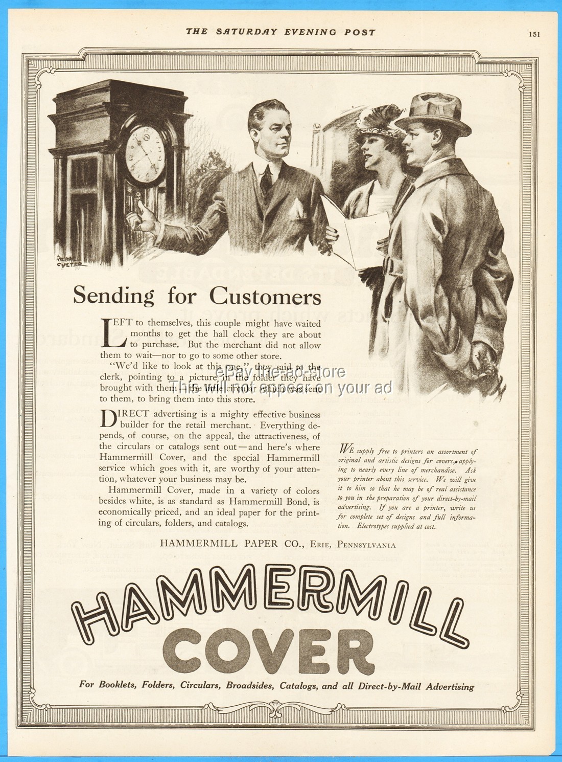1919 Hammermill Paper Co Ad Erie PA Grandfather Hall Clock Direct Advertising