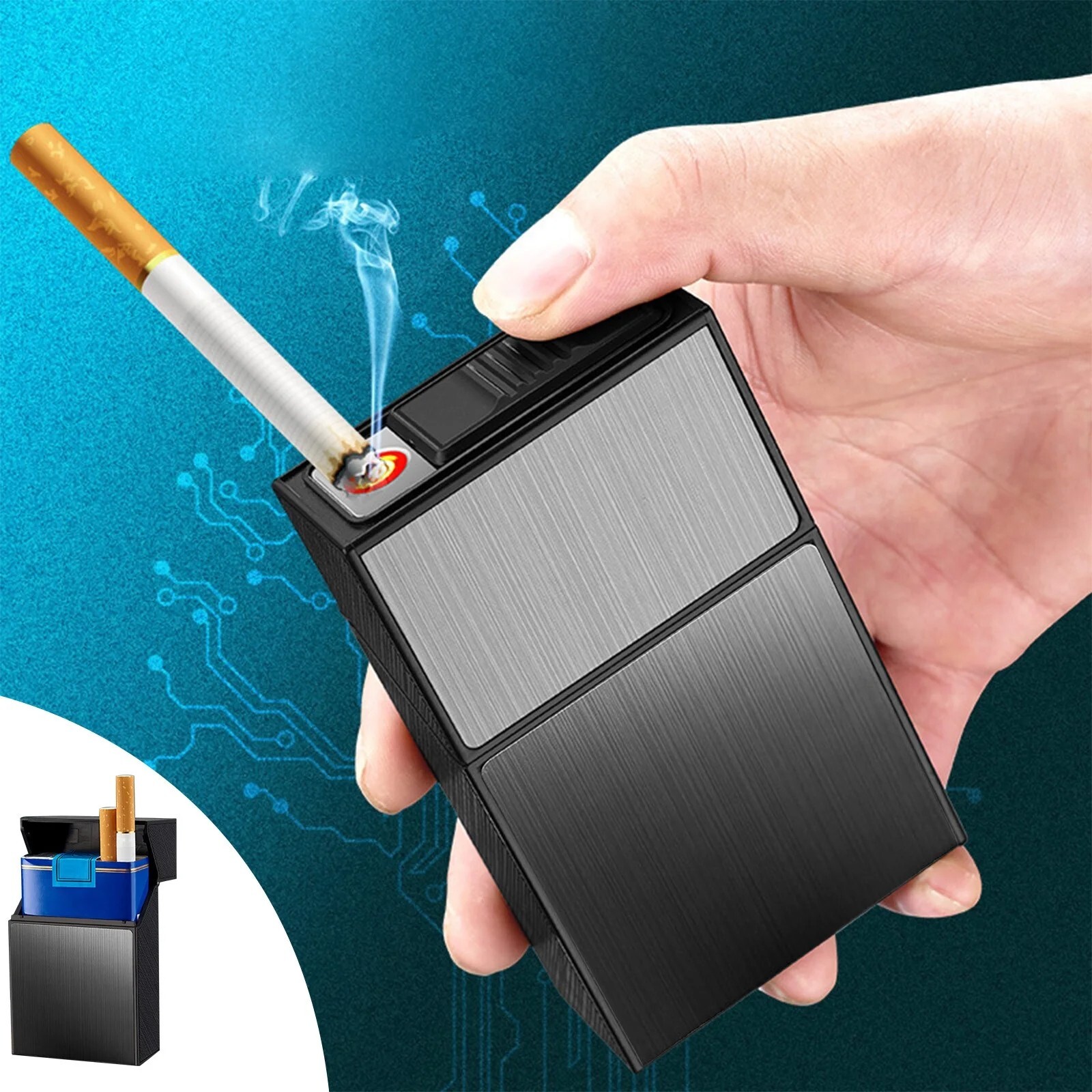 Cigarette Case Tobacco Box w/Windproof Electric Lighter USB Rechargeable