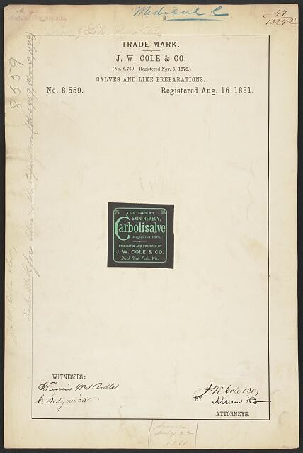 Photo:J W Cole Co Carbolisalve Trademark Salve 1881 Madison WI