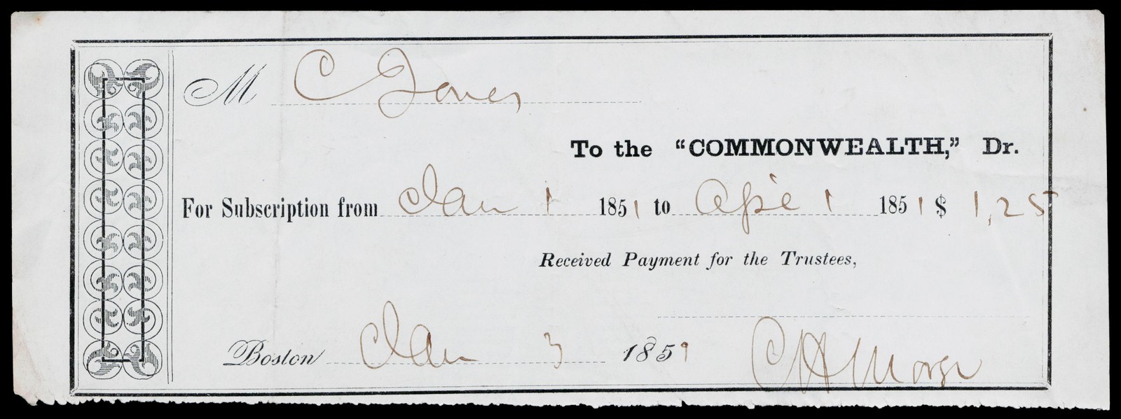 1851 The Commonwealth Boston MA Victorian Newspaper Subscription Receipt 1851 The Commonwealth Boston MA Victorian Newspaper Subscription Receipt
