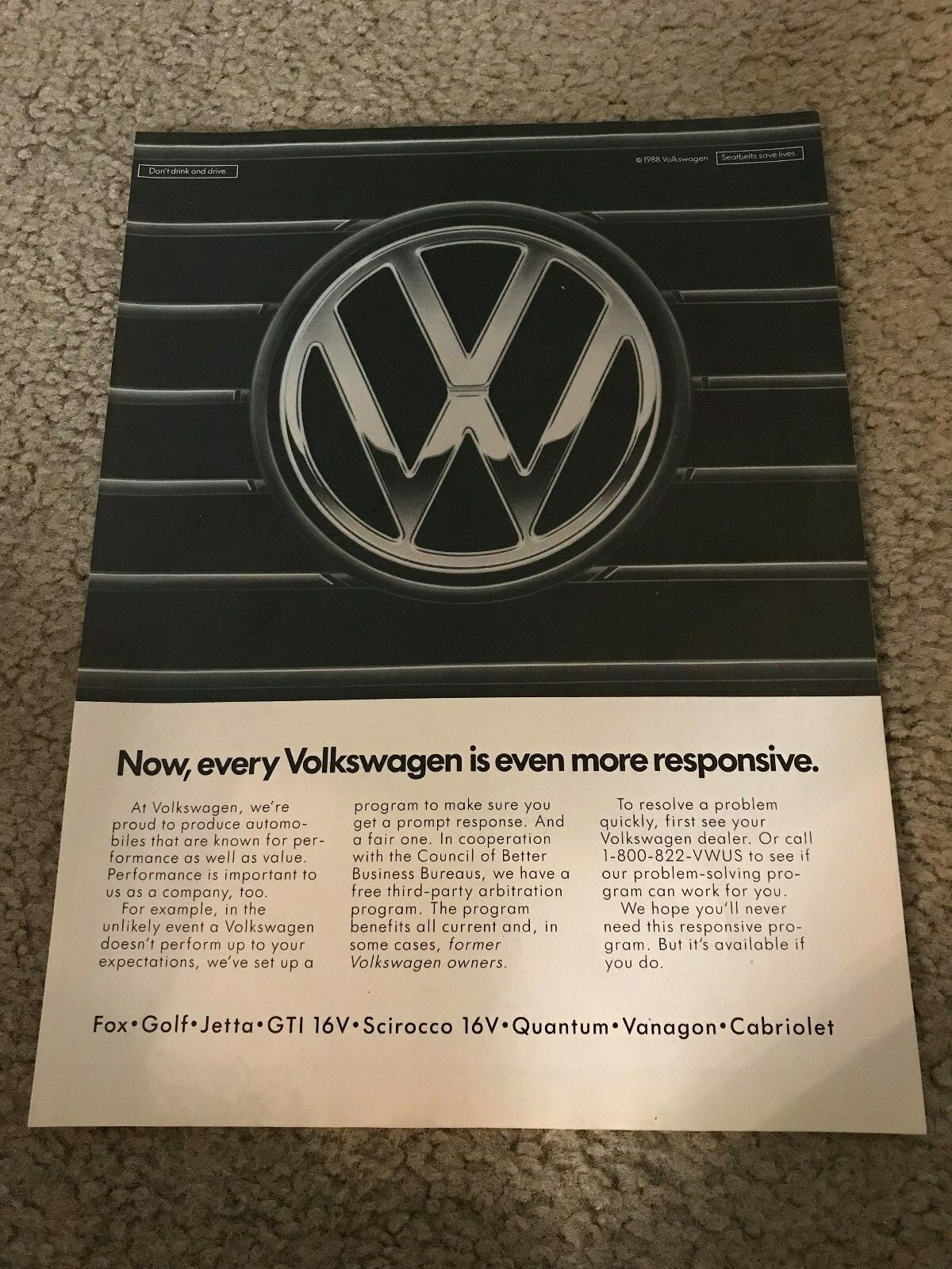 Vintage 1988 VOLKSWAGEN VW Car Print Ad FOX GOLF JETTA GTI 16V VANAGON QUANTUM