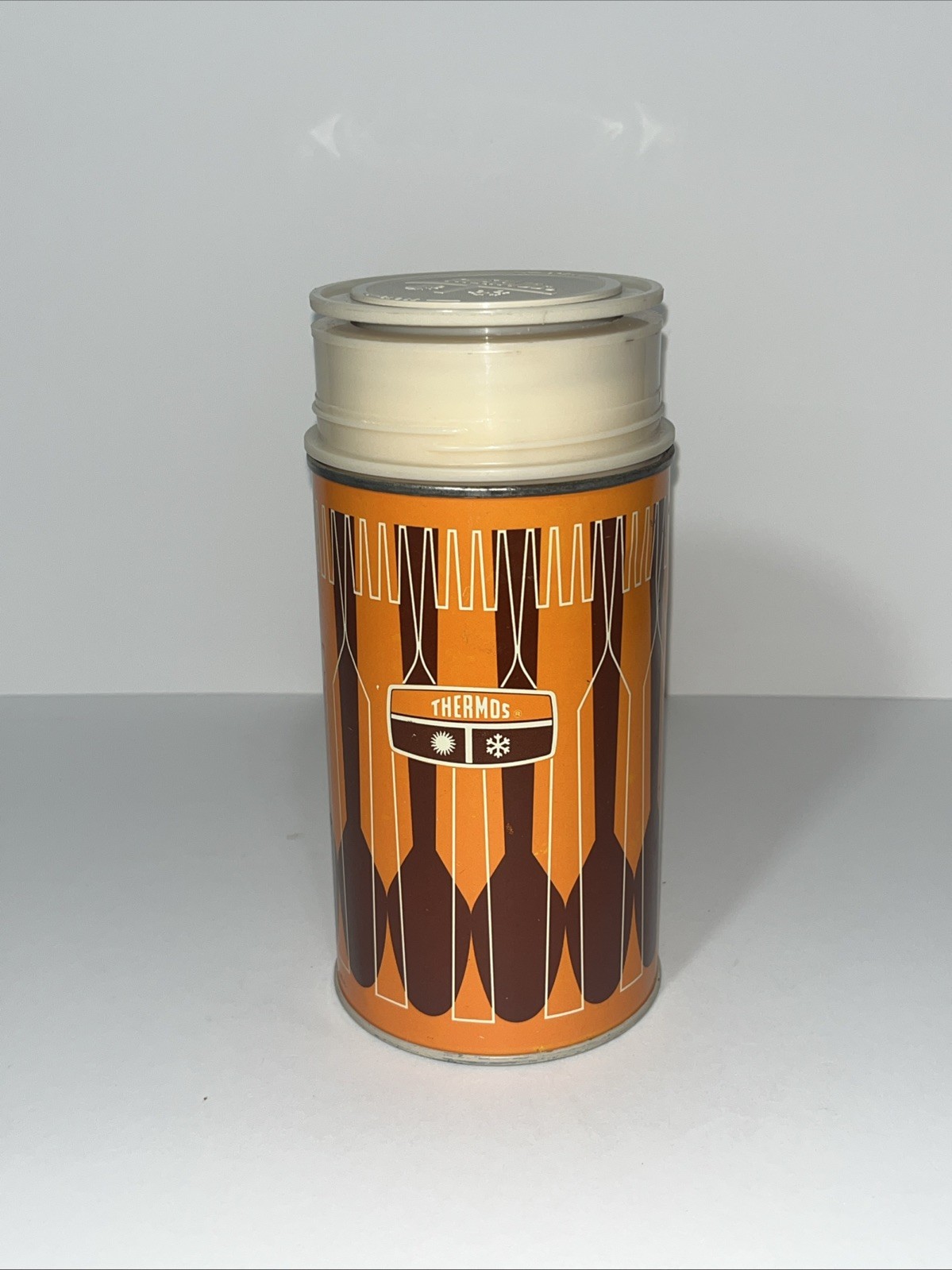 Thermos Metal King-Seeley 1971 Orange Brown Geometric Pint Size Hot Cold Vintage