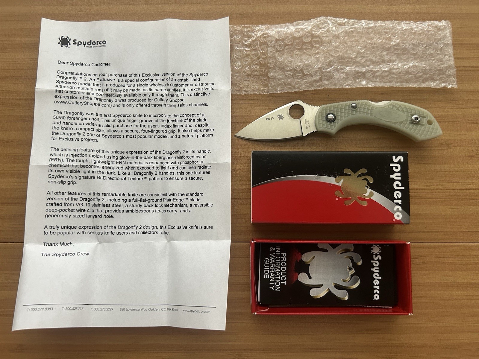 Spyderco #001V Cutlery Shoppe Dragonfly 2 C28PGITD2 - GITD FRN - Satin VG-10