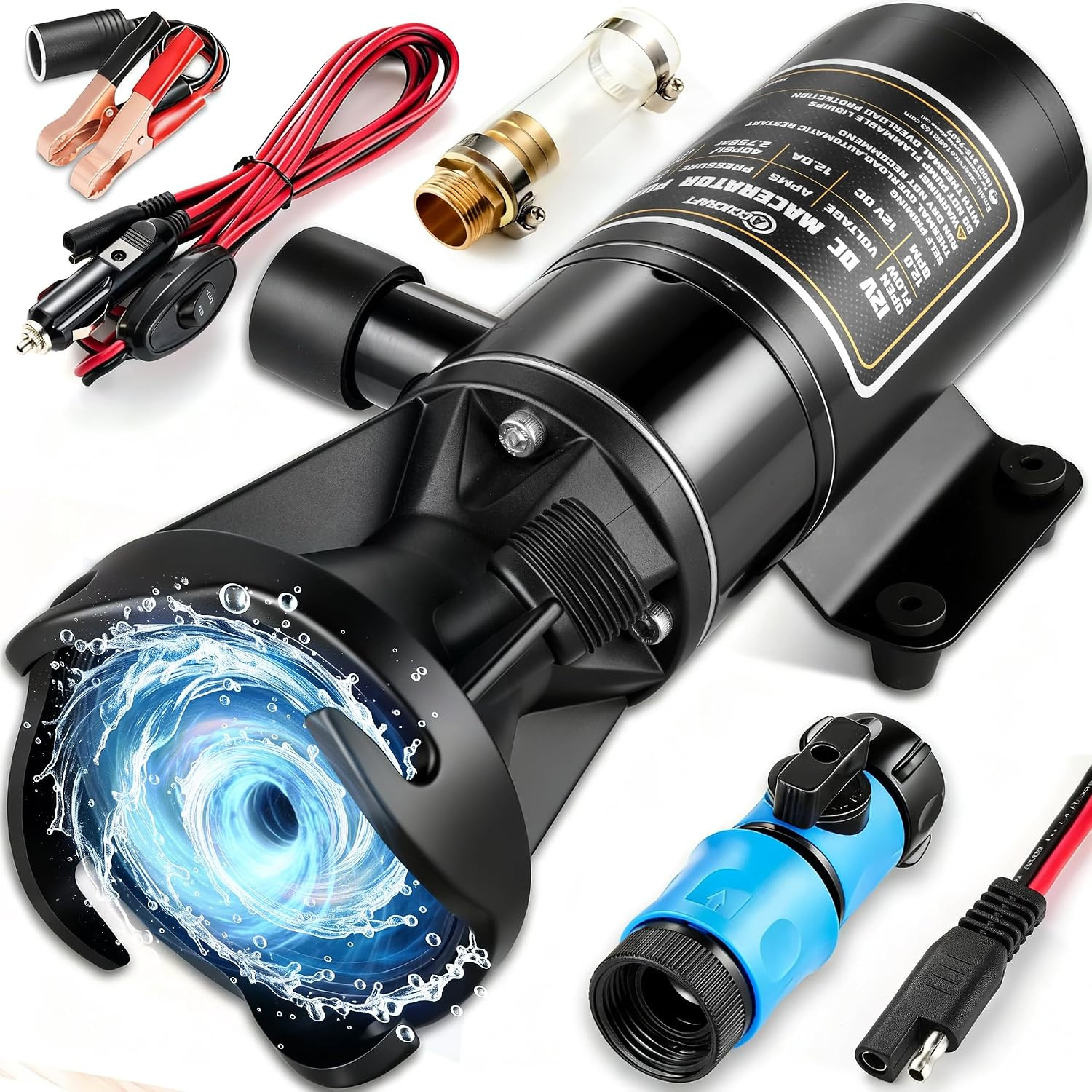 RV Macerator Pump 12V, 12 GPM Portable RV Sewer Pump with 10 FT Lift, Self-Primi