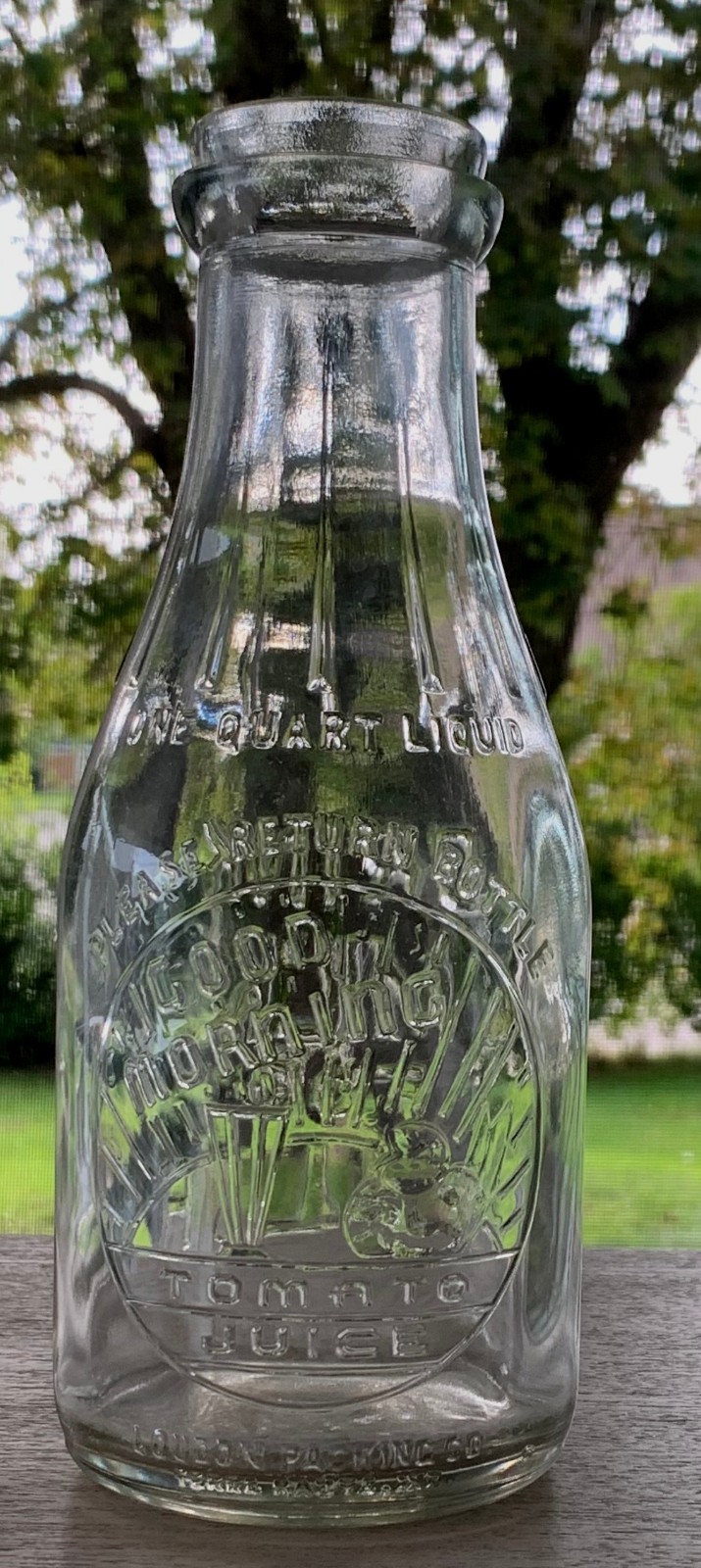Good Morning Tomato Juice Quart Milk Bottle Terre Haute, Indiana Ind. In.