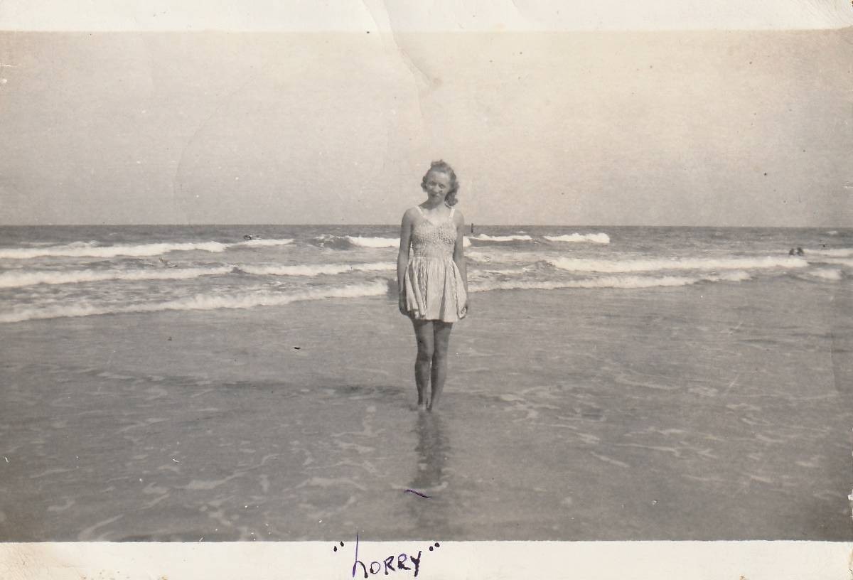 Vintage Snapshot Photo 1930s Woman Swimwear Beach Ocean Waves Horry Labeled