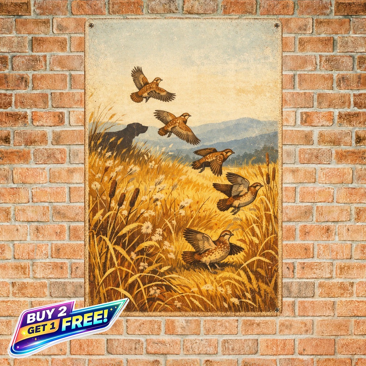 Quail Hunting Retro 8x12 Wall Art with Dogs Metal Tin Sign
