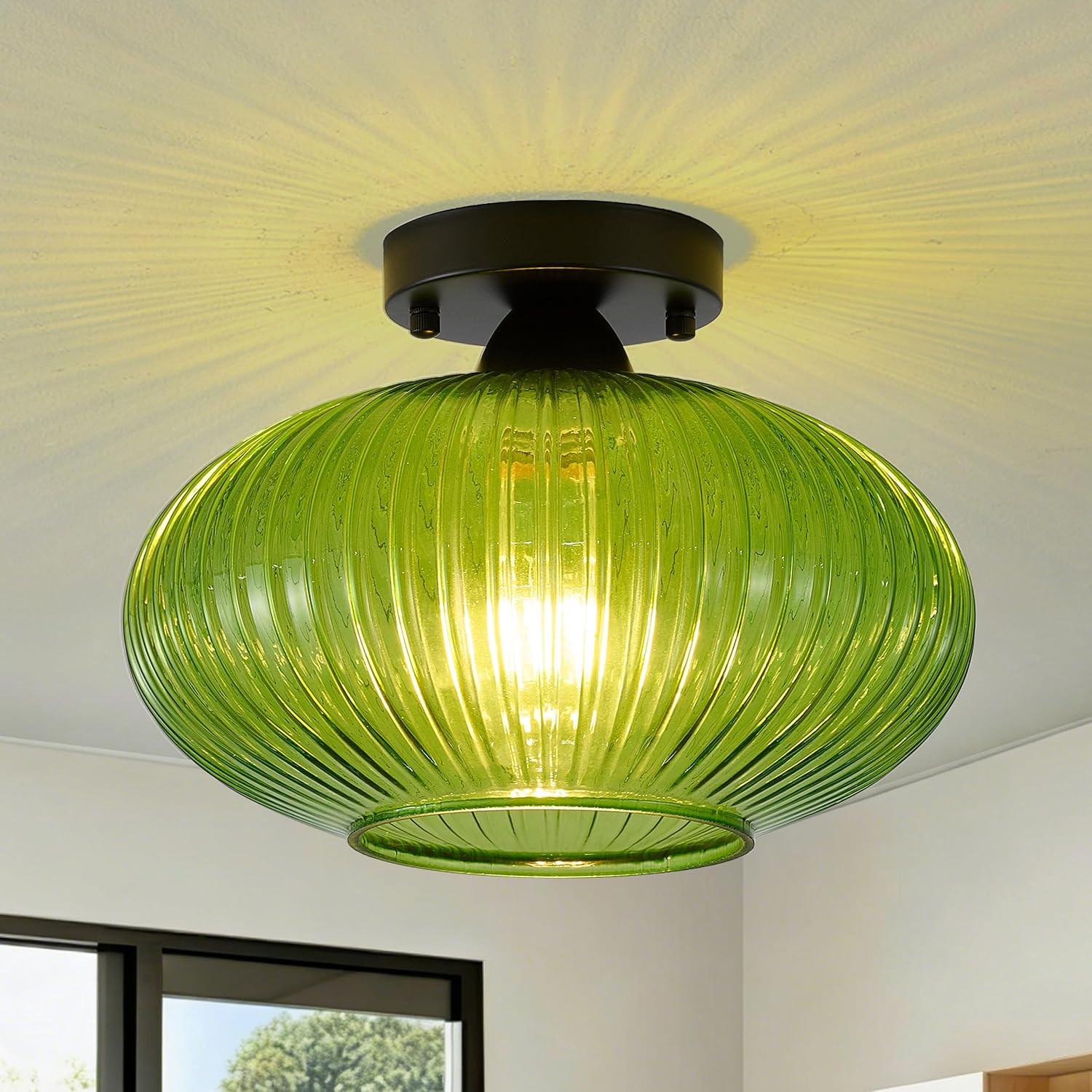 Green Vintage Glass Semi-Flush Ceiling Light - Mid Century Modern Art Deco