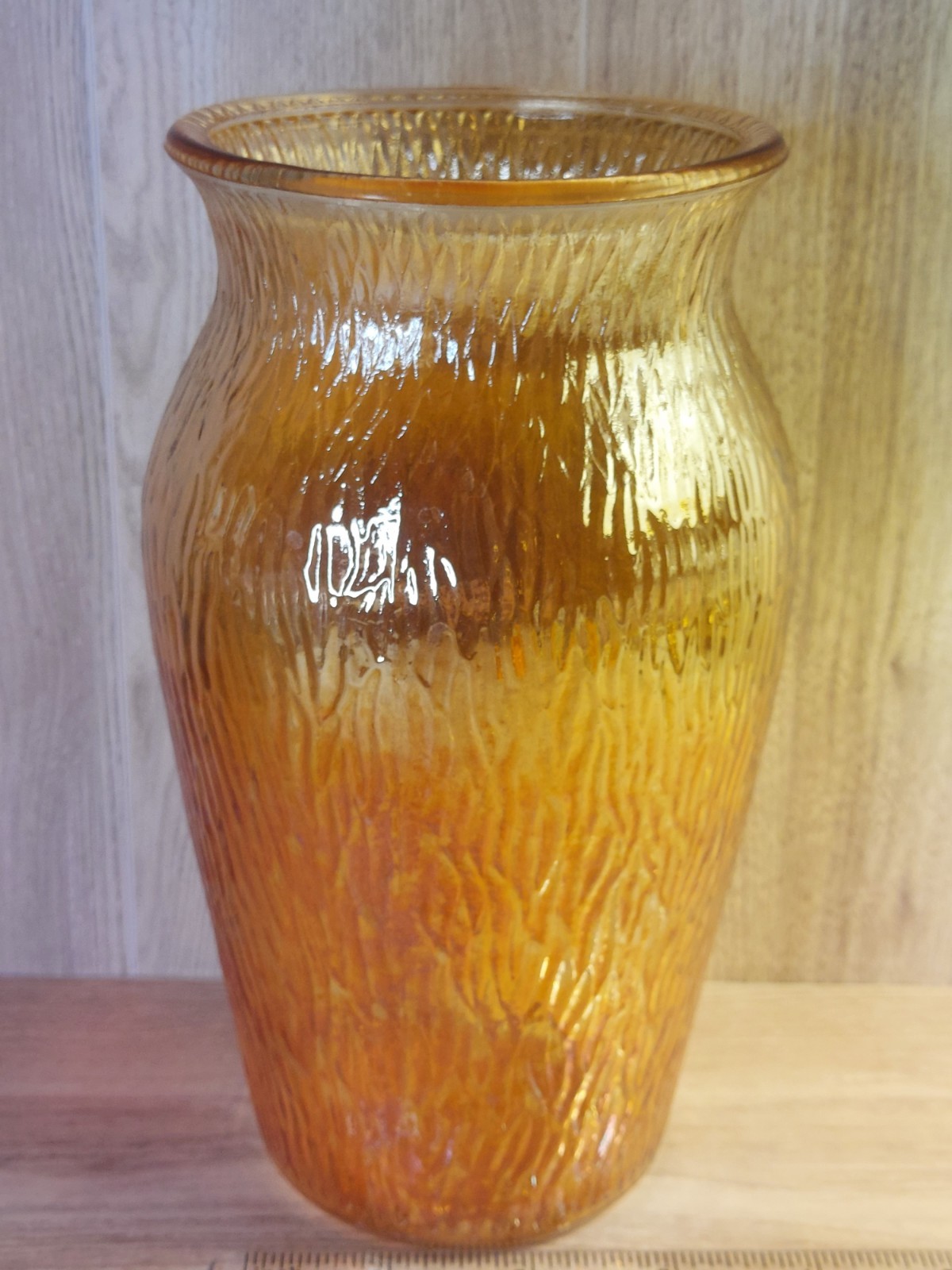 Vtg Jeannette Carnival Glass Vase Marked Tree Bark Design Marigold Iridescent