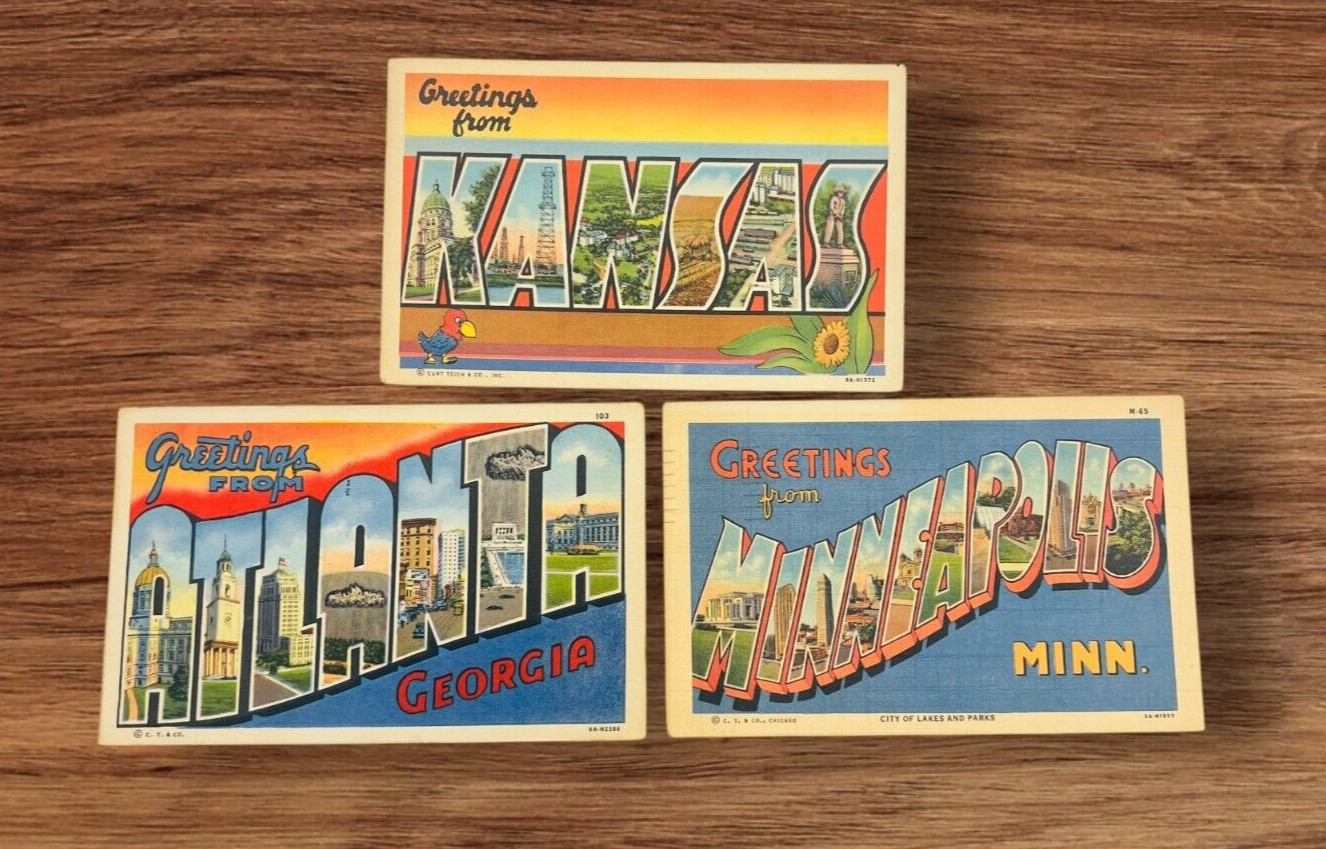 Large Letter Greetings Linen LOT of 3 Postcard Kansas Atlanta GA Minneapolis MN