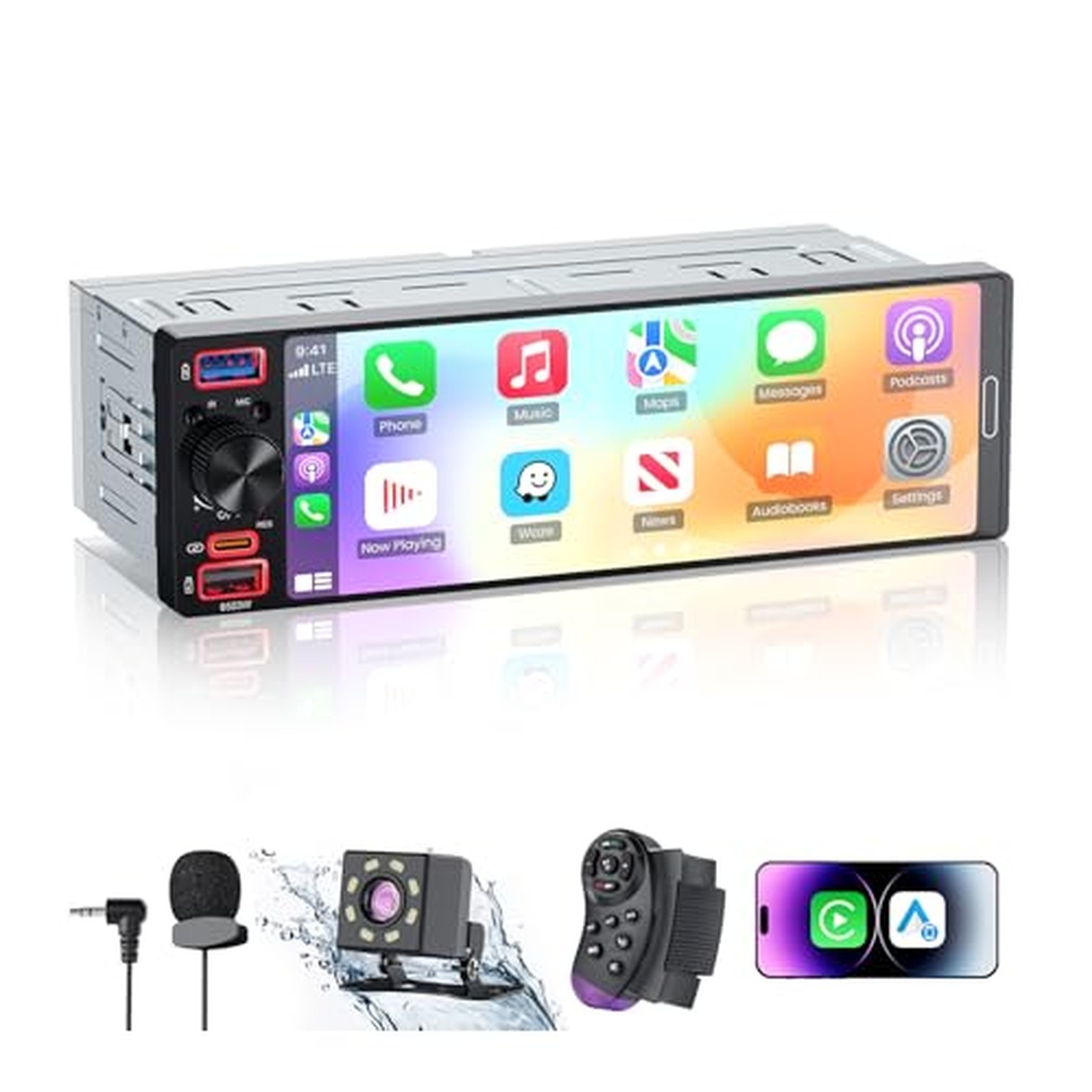 Single Din Radio Car Stereo with Apple CarPlay & Android Auto 6.5 Inch