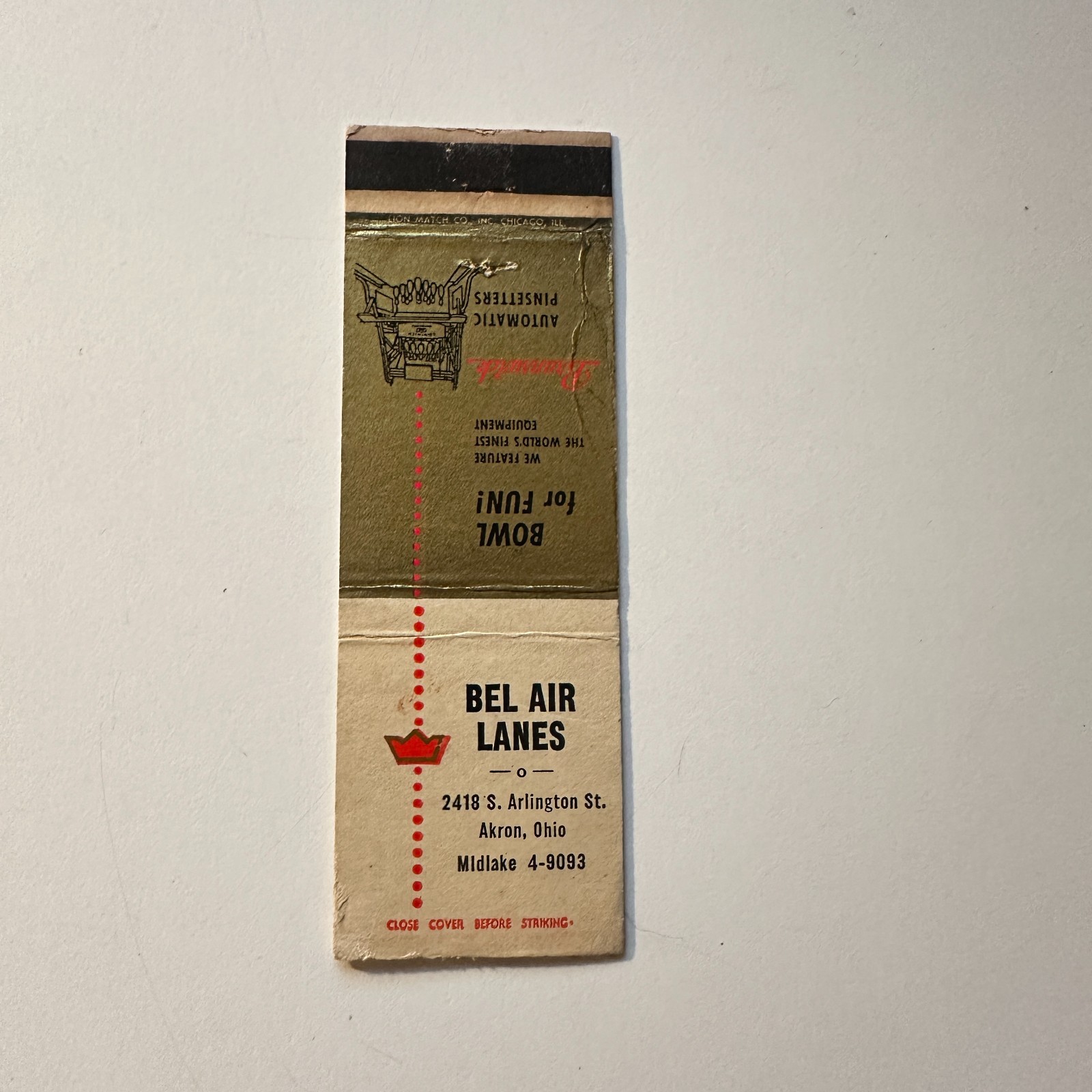 Bel Air Lanes 2418 S Arlington St Akron OH Vintage Matchbook Cover 5MB126-1