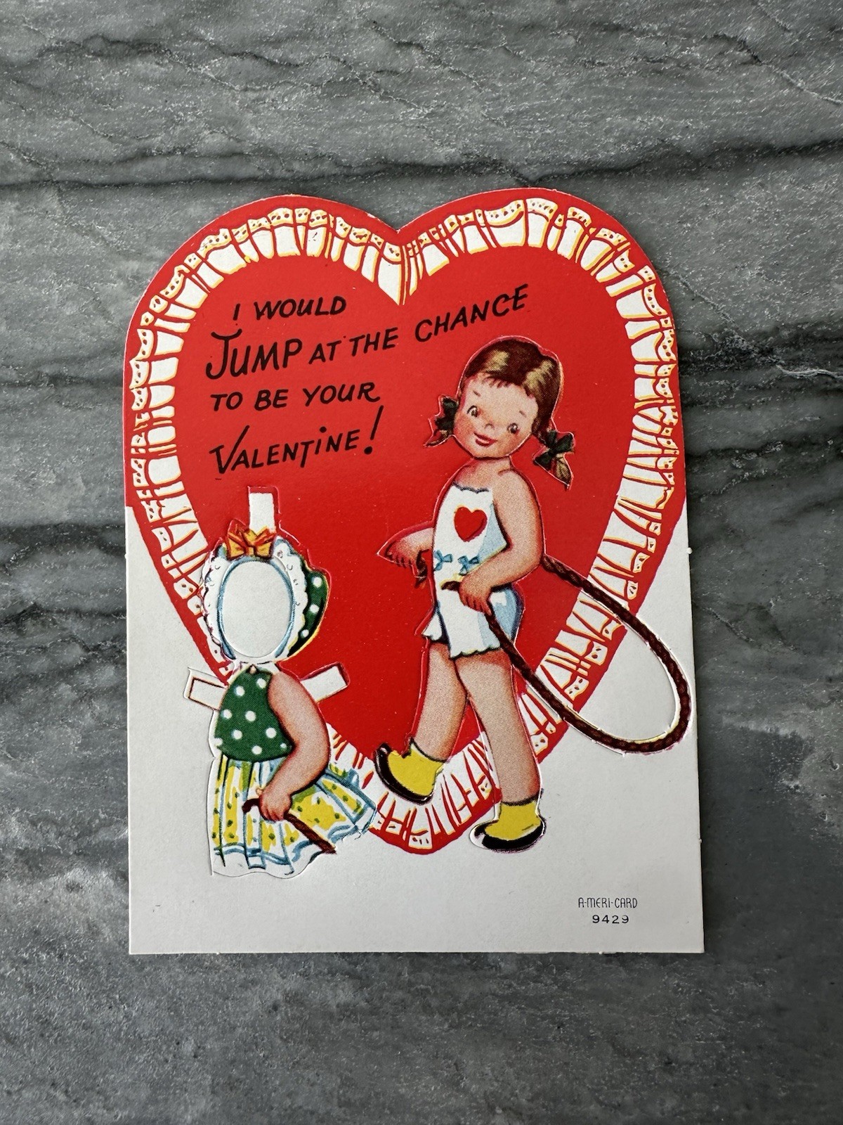 NOS Vintage Paper Doll Valentine Card Brunette Girl Dress Jump Rope Hat Heart