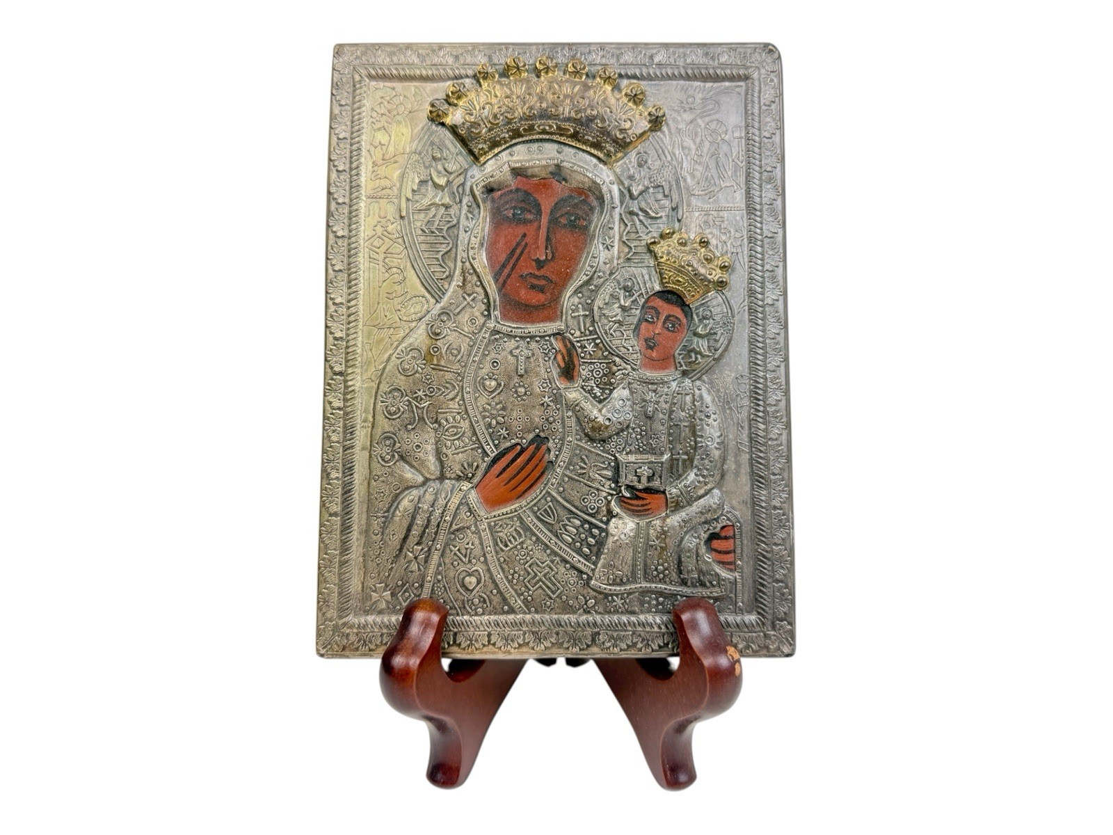 Vtg Pewter Black Madonna of Czestochowa Embossed Icon Plaque 6 Vtg Pewter Black Madonna of Czestochowa Embossed Icon Plaque 6